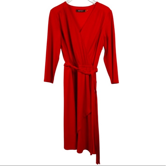 Ellen Tracy Wrap Dress, Red Dress, Faux Wrap Dress with 3/4 Sleeves, Lined - Picture 2 of 16